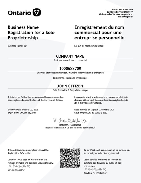 Canada Ontario certificate of business name registration Word and PDF template